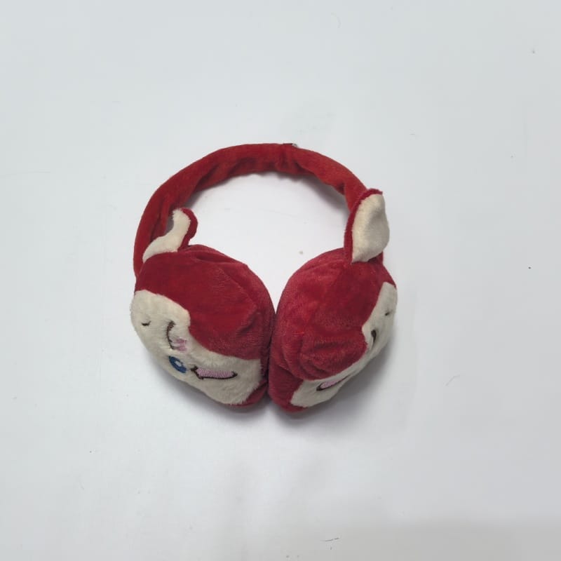 ベージュのふわふわプラッシュ素材、ピンク裏地のうさぎ耳とグレーポンポン付き防寒イヤーマフ - Oeko-Tex & BSCI certified