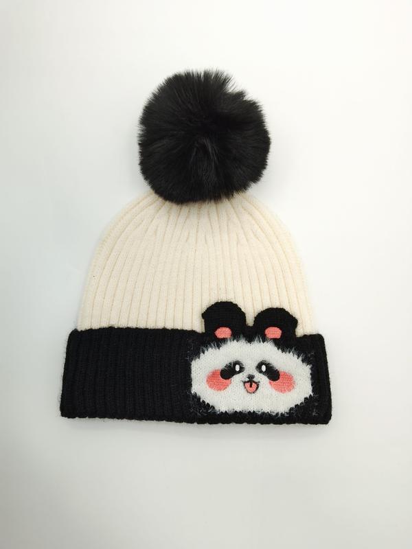 クリーム×ブラックリブニットパンダ柄ビーニー帽、フォーファーポンポン付き - gift shop wholesale supplier