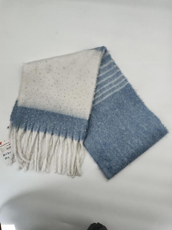 ブルー＆ホワイトグラデーションのラインストーン付きフリンジスカーフ、ストライプ柄 - wholesale fashion accessories