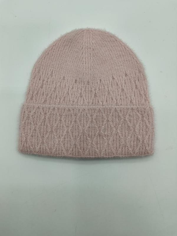 ブラッシュピンクのふわふわケーブルニットビーニー帽、ダイヤ柄と折り返しカフ付き - low MOQ custom order