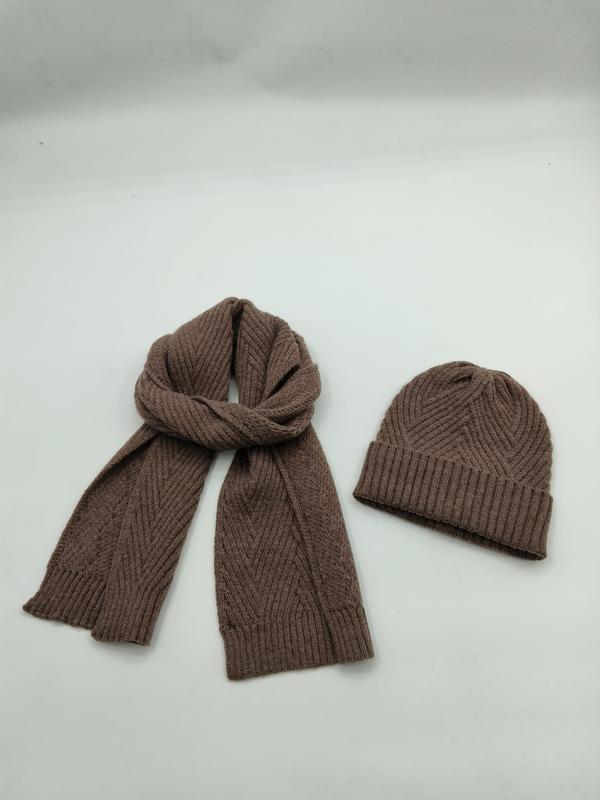 ブラウンリブニット冬用ビーニーハット＆スカーフセット、暖かウール調素材 - bulk scarf supplier Japan