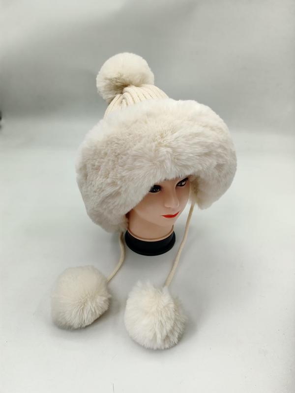 クリーム色フェイクファートラッパーハット、ポンポン付き耳当てフラップ、冬用防寒帽子 - small batch order accepted