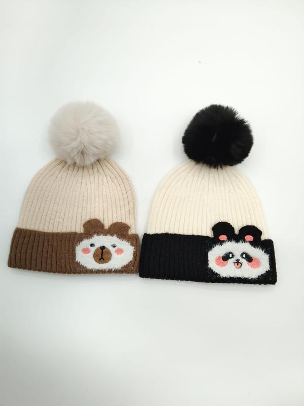 クマ＆パンダ刺繍ニットビーニー帽子2点セット、ポンポン付き、タン・黒白色 - MOQ 100pcs factory direct