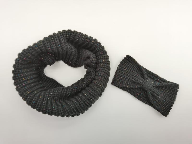 ダークグレーチャンキーニット無限ループスカーフとマルチカラーキラキラヘッドバンドセット - wholesale fashion accessories
