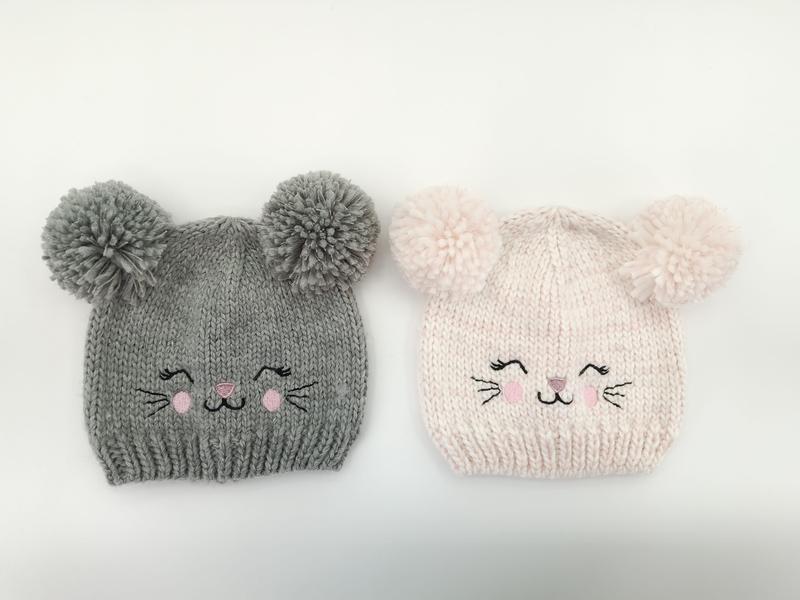 グレー＆ピンクのダブルポンポン猫耳ニットベビービーニー帽子2点セット - certified scarf manufacturer China