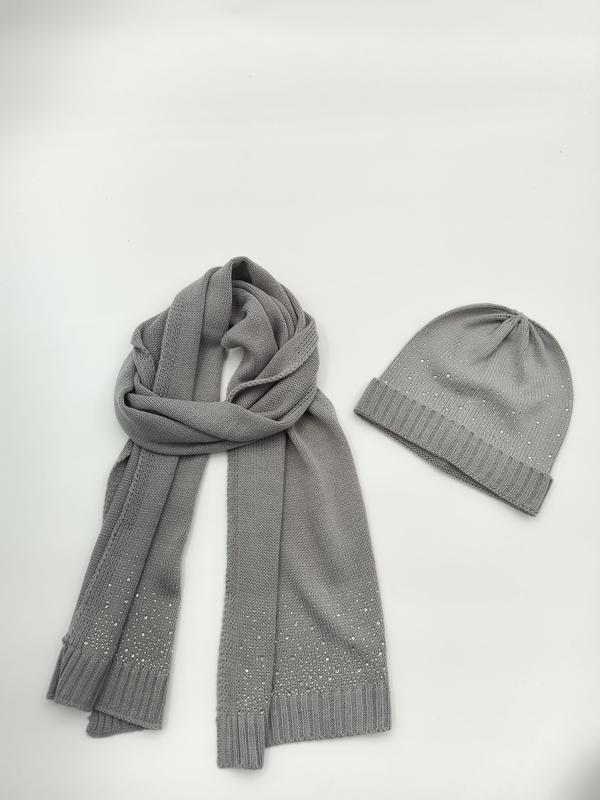 グレーニットビーニー帽子とロングマフラーセット、クリスタル装飾付き - winter accessories wholesaler