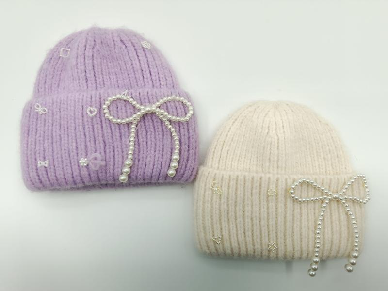 パールリボン刺繍ニットビーニー帽子、ラベンダーとクリームの2色セット - private label service available
