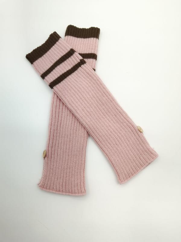 ピンク×ブラウンのストライプ柄リブニット、ウッドボタン付きアームウォーマー - custom color & size accepted