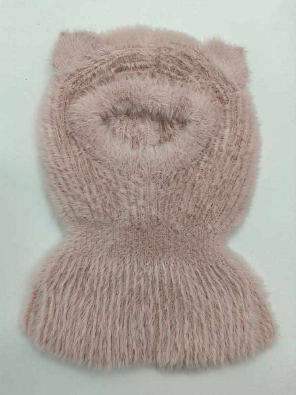 ピンクふわふわニット猫耳バラクラバ、リブ襟付き子供用冬帽子 - private label service available