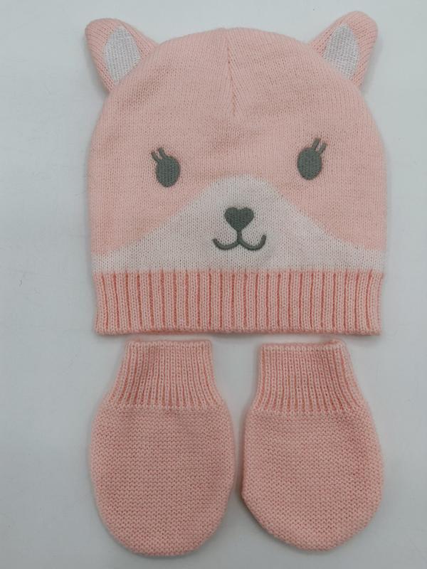 ピンクのニット素材ベビー用クマ耳ビーニー帽子とミトン手袋のセット - retail buyer inquiry welcome
