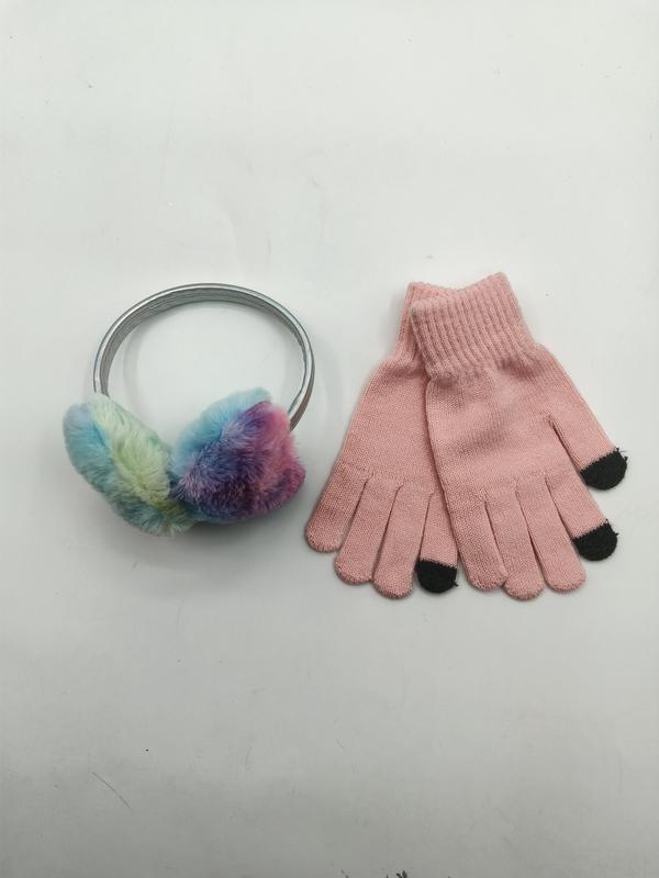 レインボータイダイ柄フェイクファーイヤーマフとピンクニット手袋セット - private label service available