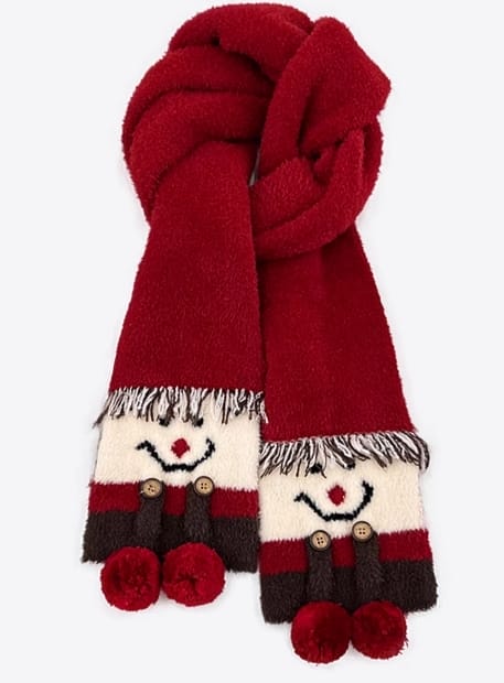 赤いふわふわ冬スカーフ、雪だるま顔のポンポンとボタン目デザイン - small batch order accepted