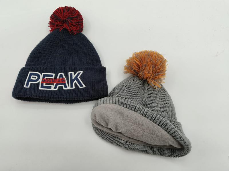 ネイビー＆グレーのリブニットポンポンビーニー2個セット、冬用防寒帽子 - small batch order accepted