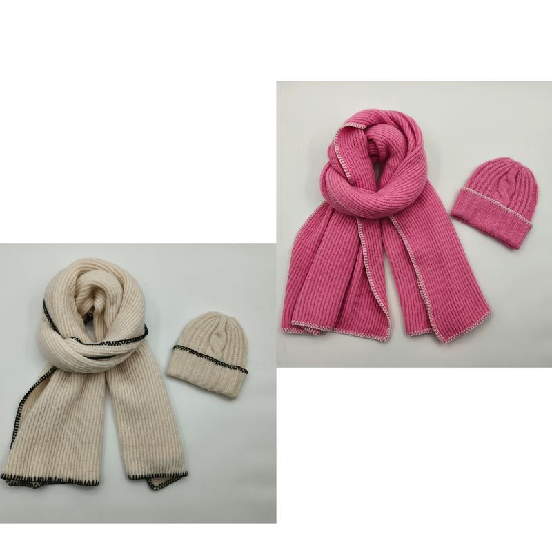 リブ編みスカーフとビーニーハットセット、クリーム×ブラックとピンク配色 - wholesale fashion accessories