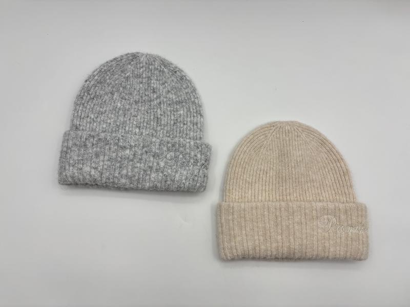 リブニットウールブレンドビーニーハット グレー＆ベージュ 折り返しカフ付き 2色セット - small batch order accepted
