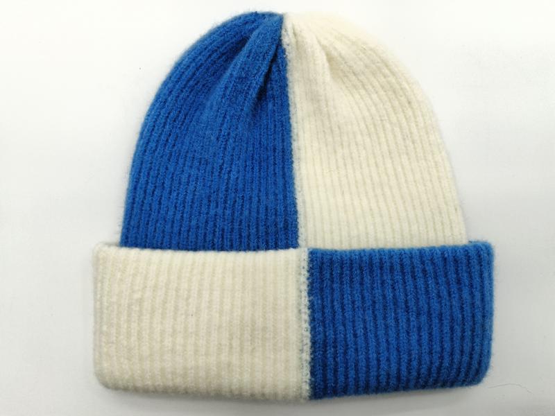 ロイヤルブルーとオフホワイトのカラーブロック リブニット折り返しビーニー帽 - custom color & size accepted