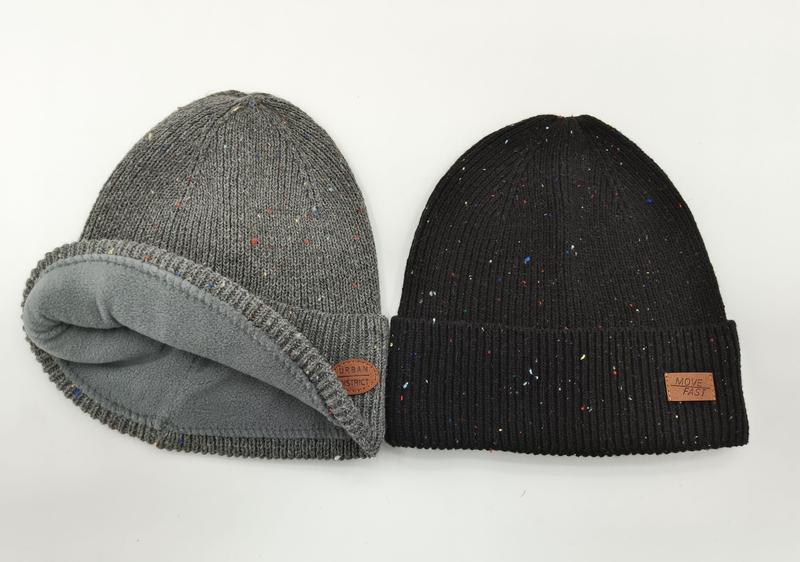 グレーフリース裏地とブラックリブニット、スペックル柄ビーニー2点セット冬帽子 - winter accessories wholesaler