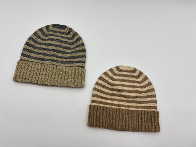 ストライプニットビーニー帽リブカフ付き2個セット、カーキグレー＆キャメルクリーム