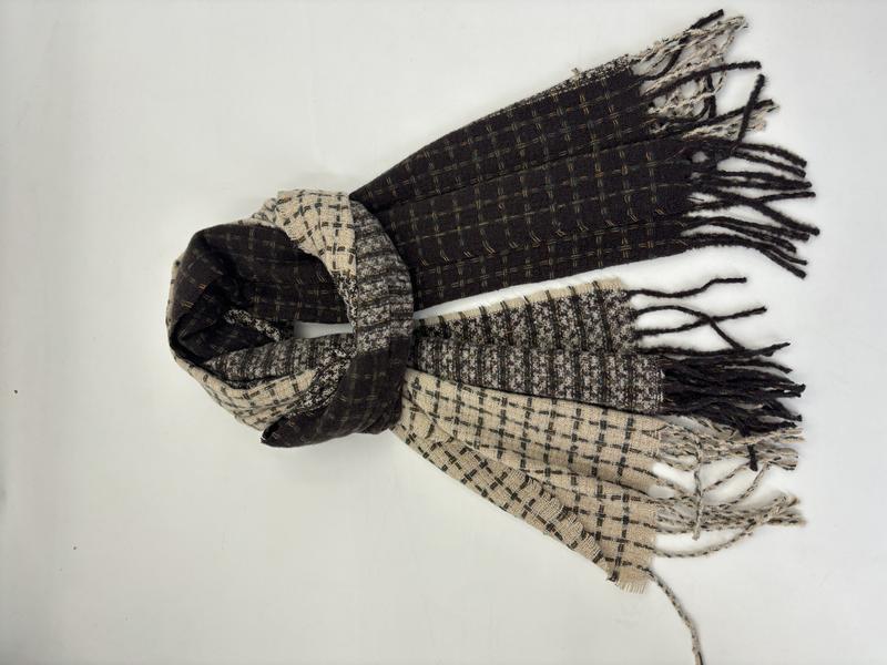 ブラック＆ベージュのツートーンプレイドウーブンスカーフ、フリンジ付き - certified scarf manufacturer China