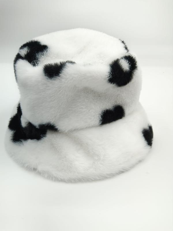 ホワイトフェイクファー牛柄バケットハット・黒白スポット模様・もこもこ素材 - bulk scarf supplier Japan